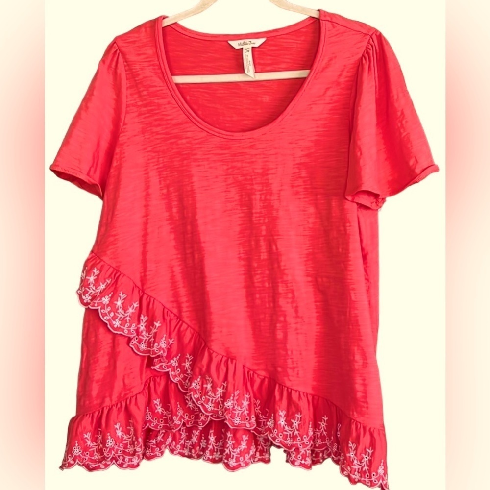 MATILDA JANE Bright Coral/White Eureka Springs Embroidered Detail Top,Sz XL,GUC.